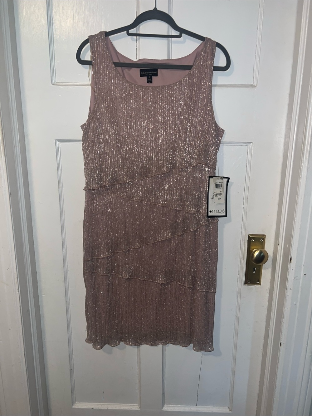connected apparel Rose-Gold Metallic Tiered Midi Dress